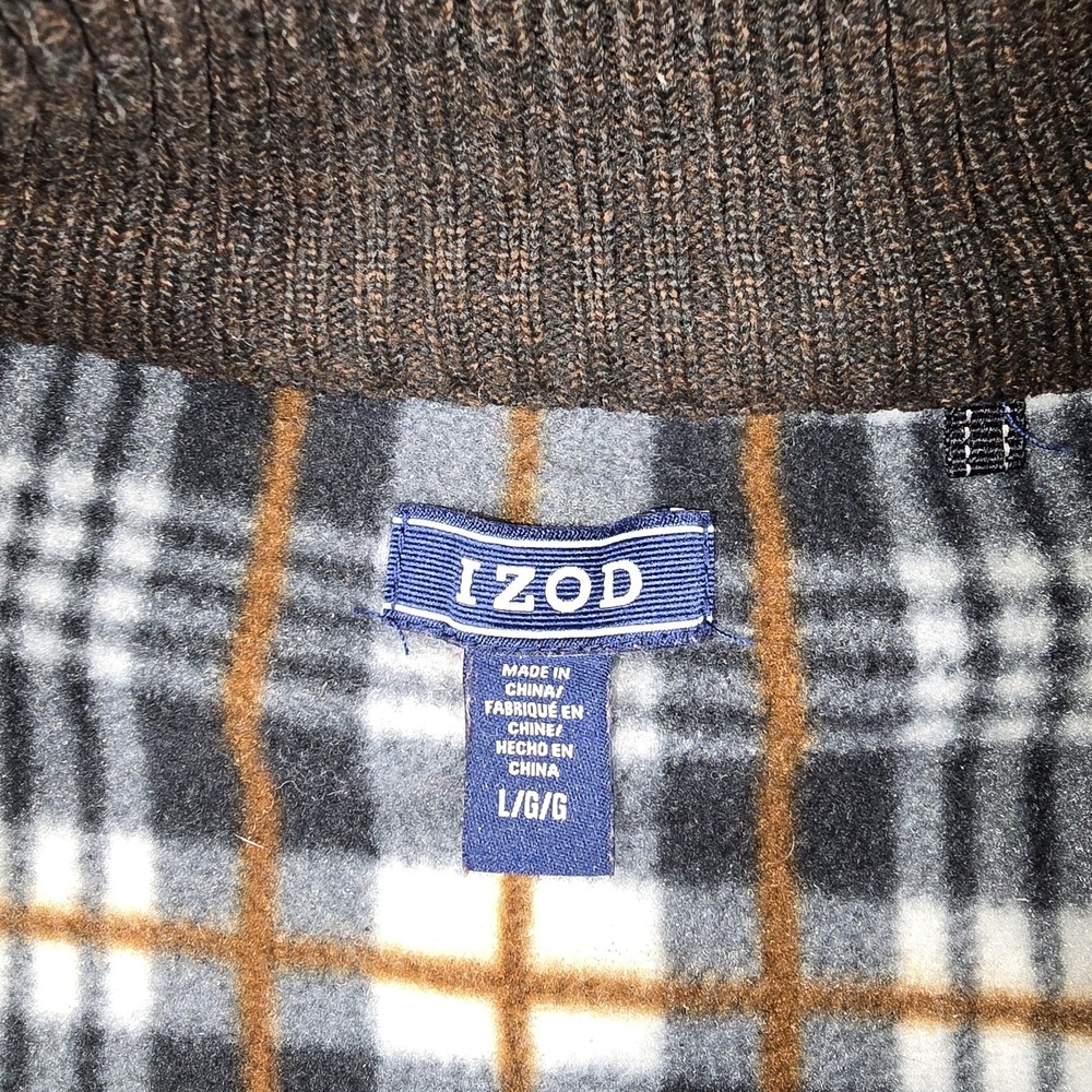 Izod Mens Large Brown Full Zip Sweater Jacket Plaid Fleece Lined Corduroy Trim - Picture 5 of 9